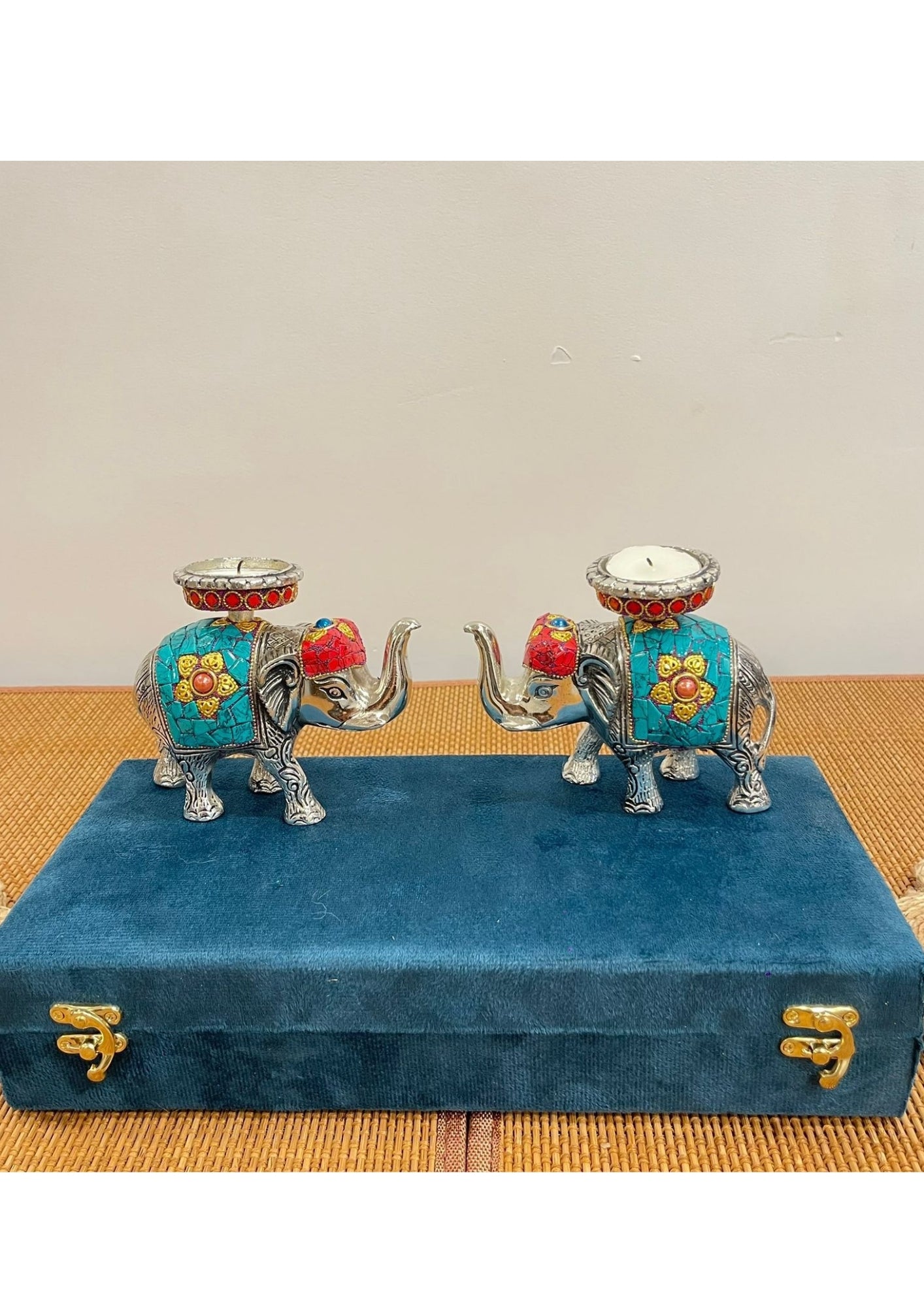 Silver Plated Elephant with stone work with Tealight Holder on Top