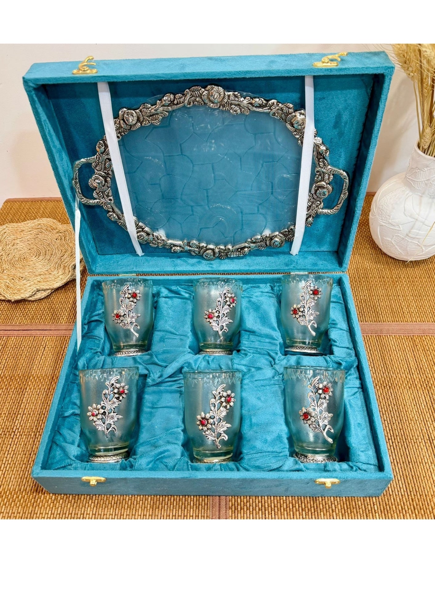 Silver Plated 6 Glass and Tray set with Gift Box Packing