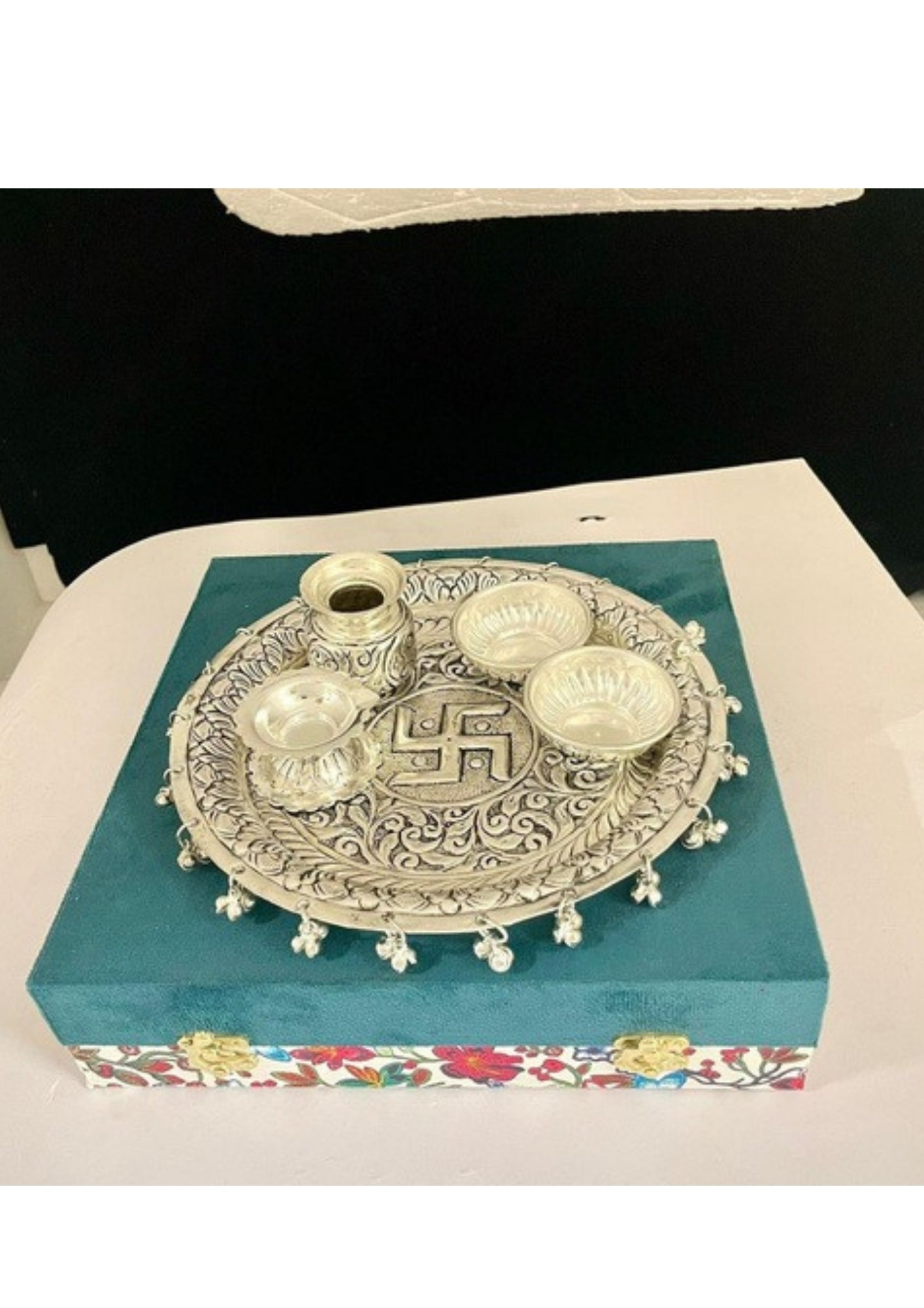 Silver Plated Carving Pooja Thali Set with Elegant Printed Velvet Box