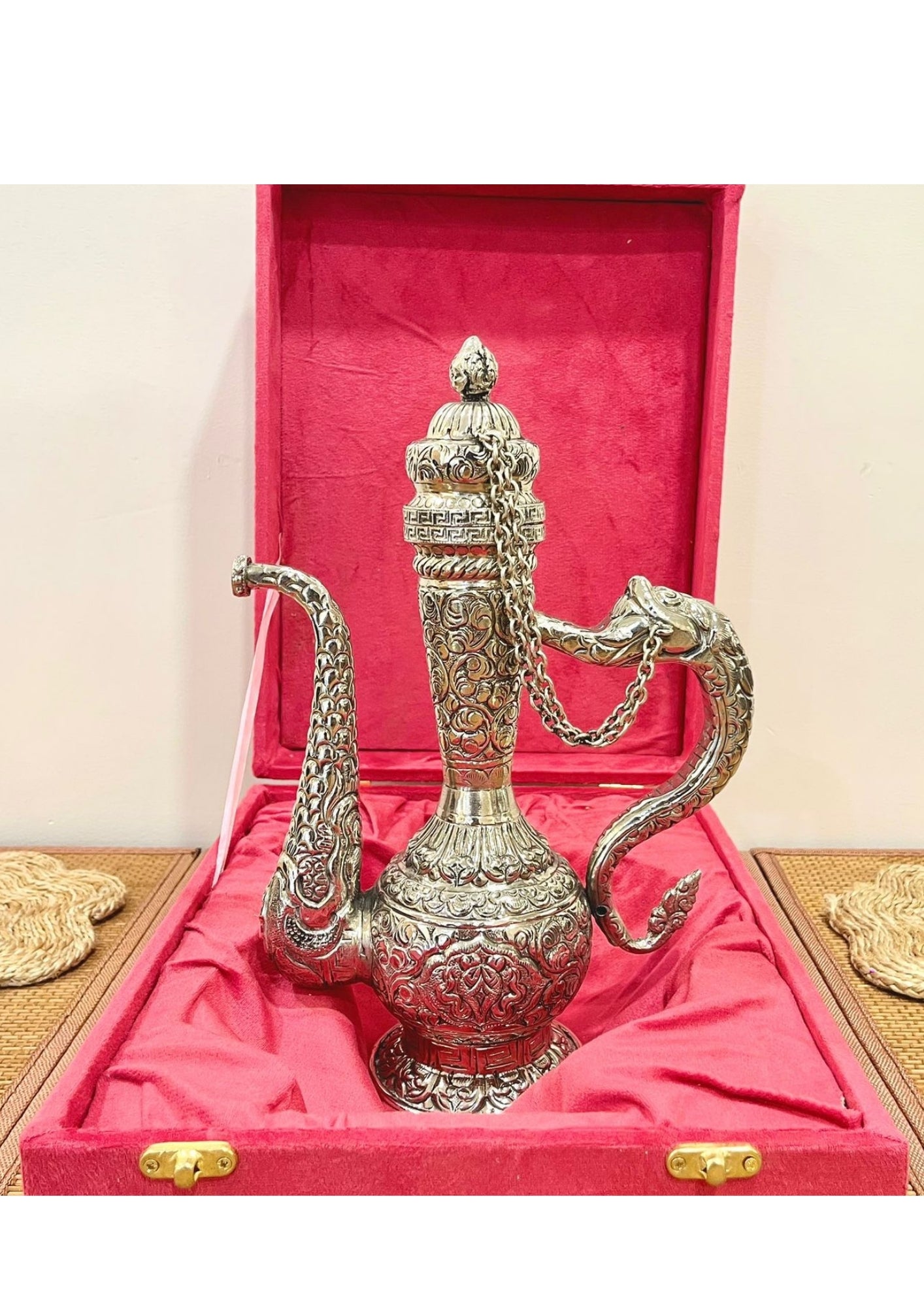Silver Plated Carving Surahi with Velvet Box Packing