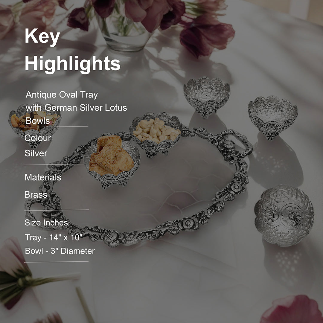 Large German Silver Oval Tray With 6 German Silver Nut Bowls Set