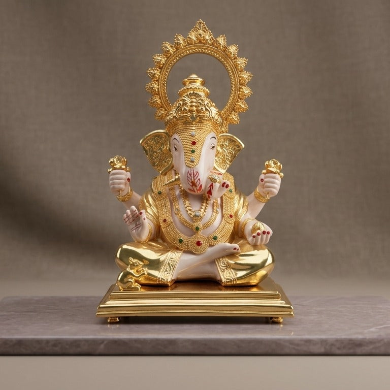 Premium 24K Gold-Plated Lord Ganesha Idol β Exquisite Handcrafted Ganpati Murti for Home Decor, Office Desk & Luxury Gifting ( White & Gold Finish)