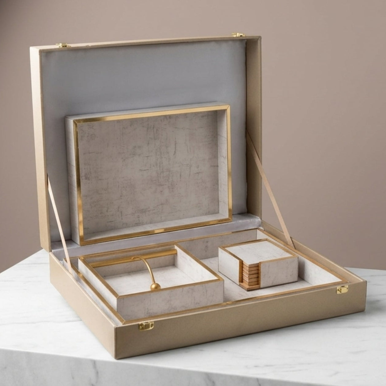 White tray with tissue holder and coaster set