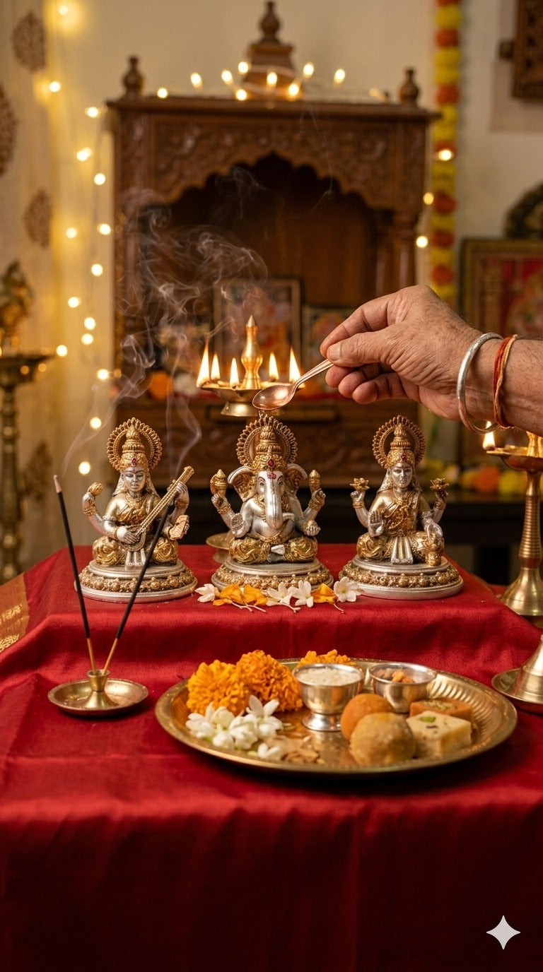 The Home Co. 999 Pure Silver & 24K Gold Plated Lakshmi, Ganesha & Saraswati Idol Set (Small) | Divine Trideva-Tridevi Murti with Premium Velvet Gift Box