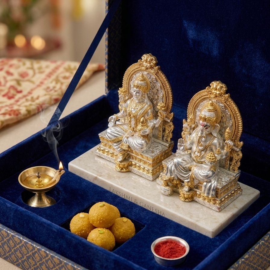 Laxmi and Ganesha sitting on throne idols