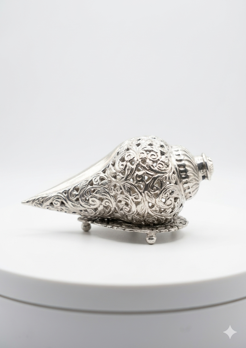 Silver Plated Carving Work SHANKH with STAND