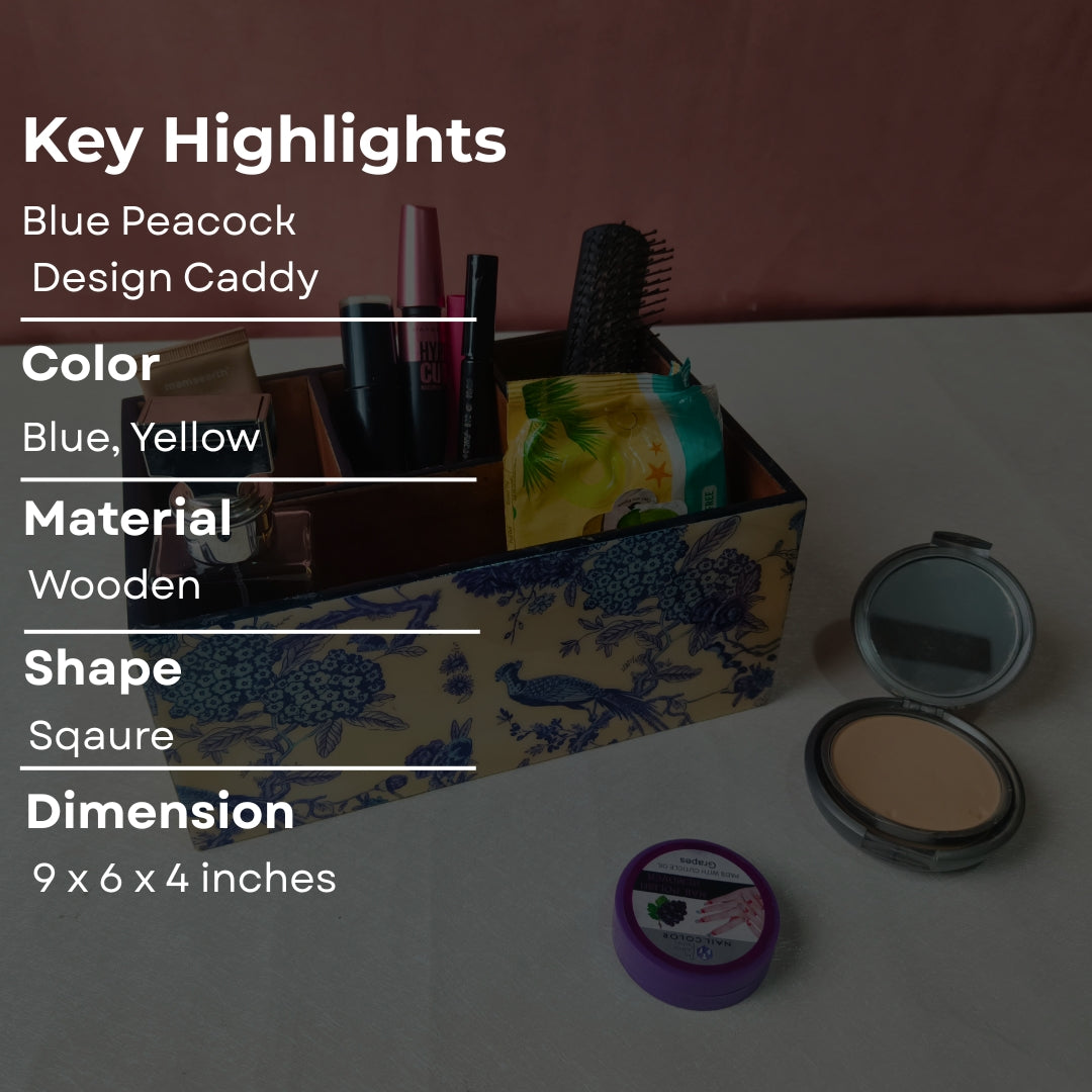 Caddy - Wooden 4 Partition Blue Peacock Print With Enamel