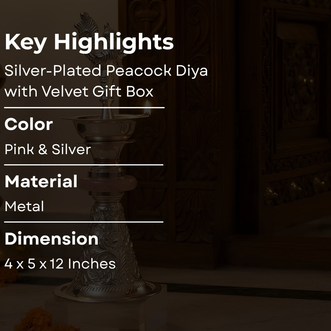 Silver-Plated Peacock Diya  with Velvet Gift Boxe- PINK SINGLE PC