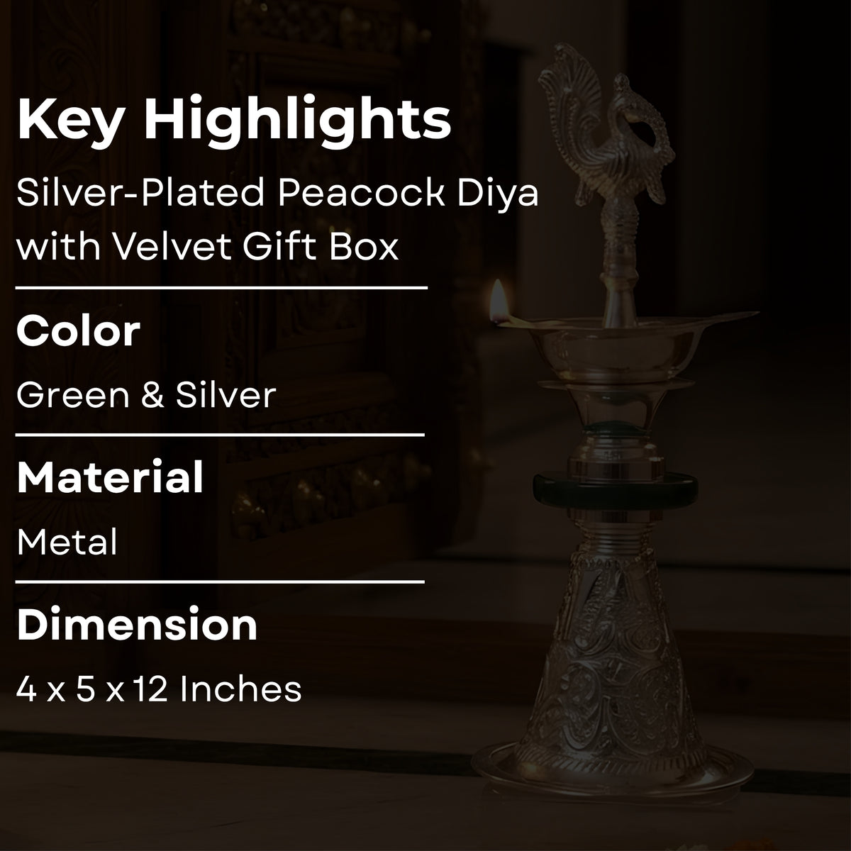 Silver-Plated Peacock Diya  with Velvet Gift Boxe- Green SINGLE PC