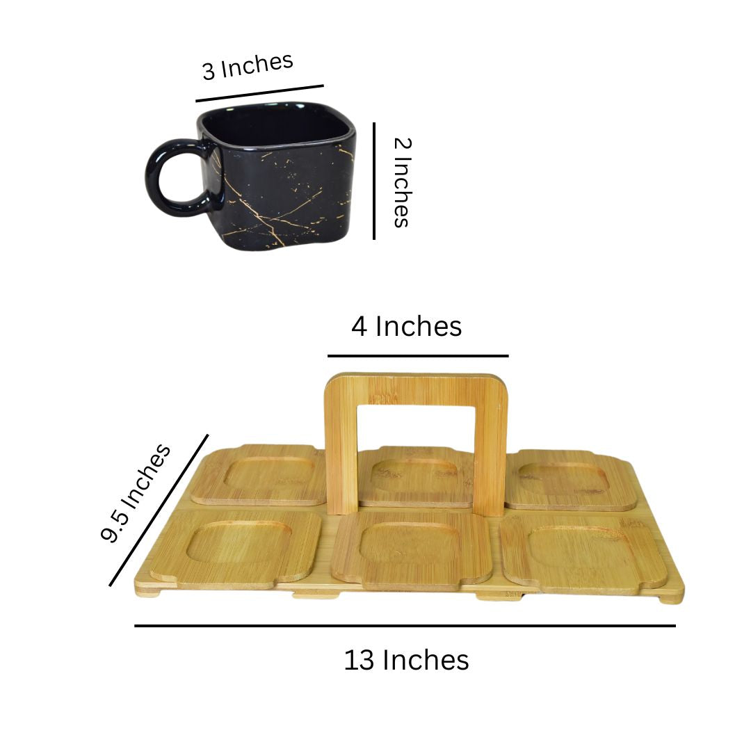 Ceramic Cup With Bamboo Tray Set Of 6 - Black