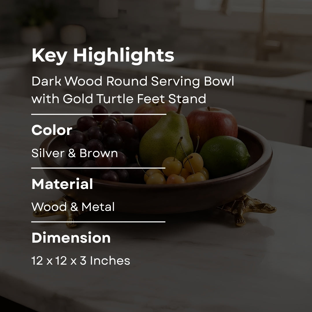 Dark Wood Round Serving Bowl with Gold Turtle Feet Stand