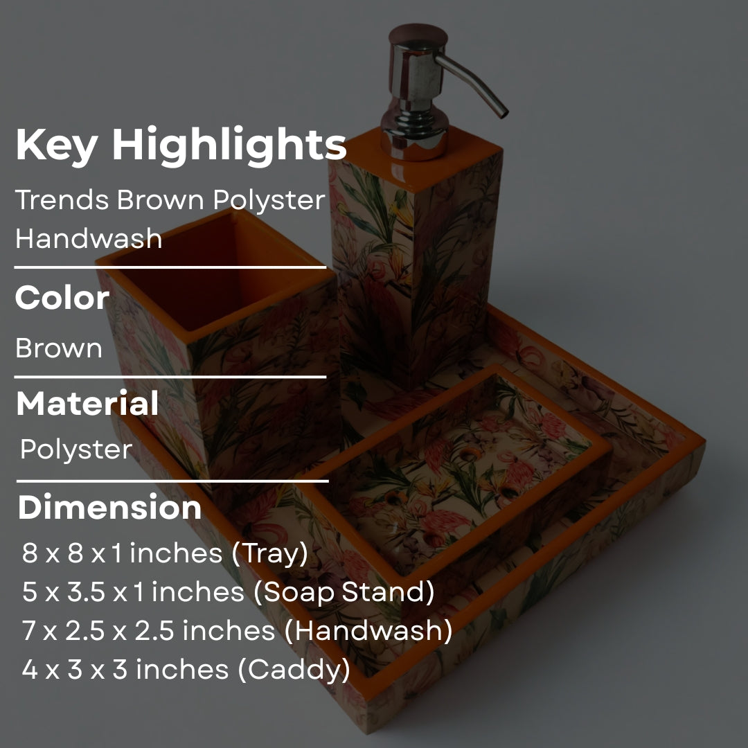 wooden water resistant Flamingo print & enamelled  Bathroom Set of 4