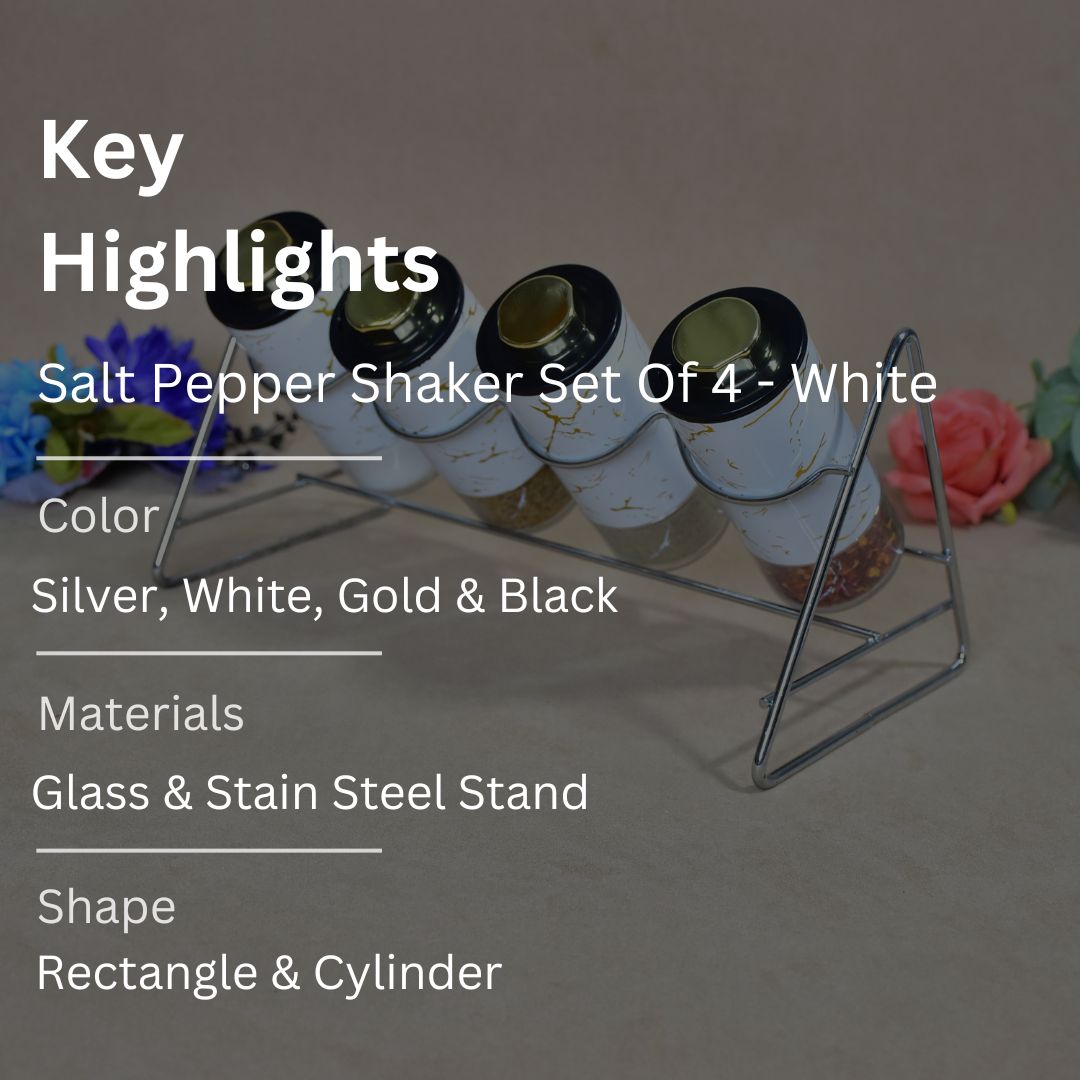 Glass Salt & Pepper Shakers With Stainless Stand Set Of 4 - White