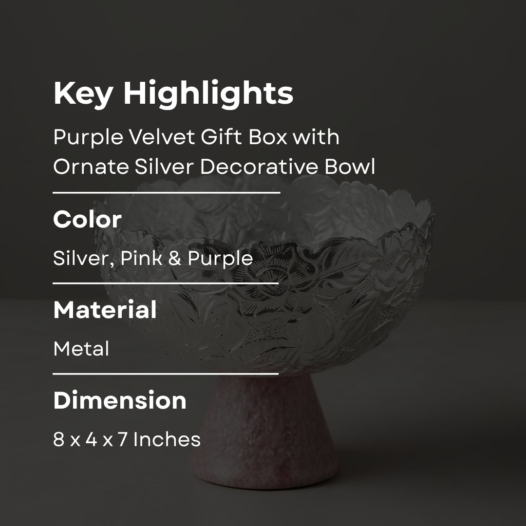 Purple Velvet Gift Box with Ornate Silver Decorative Bowl