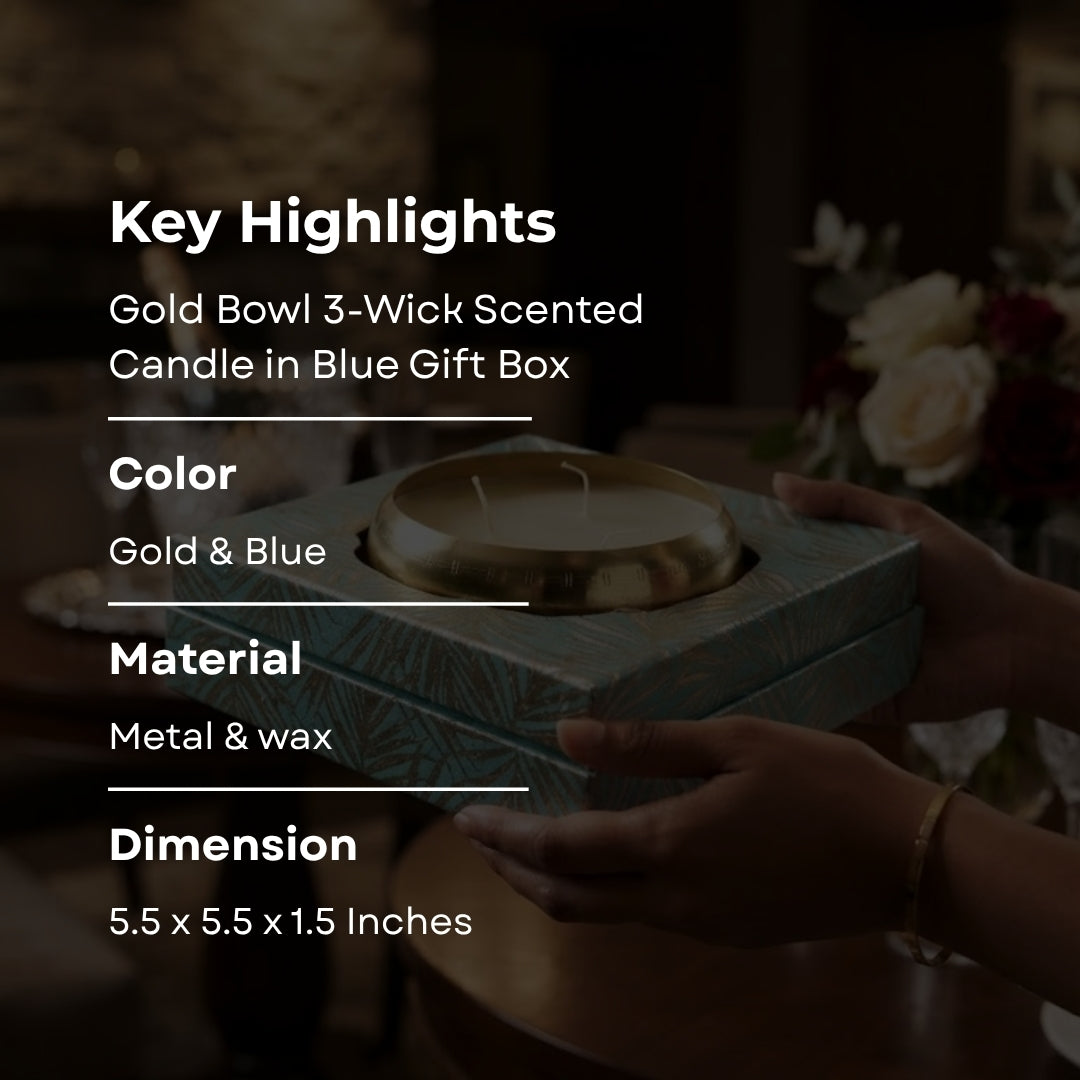 Gold Bowl 3-Wick Scented Candle in Blue Gift Box