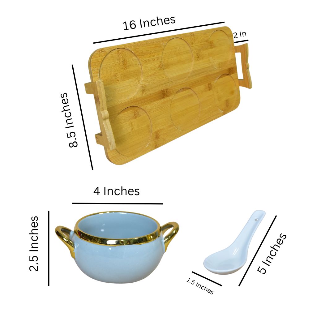 Ceramic Bowl With Bamboo Tray Set Of 6 - Light Blue