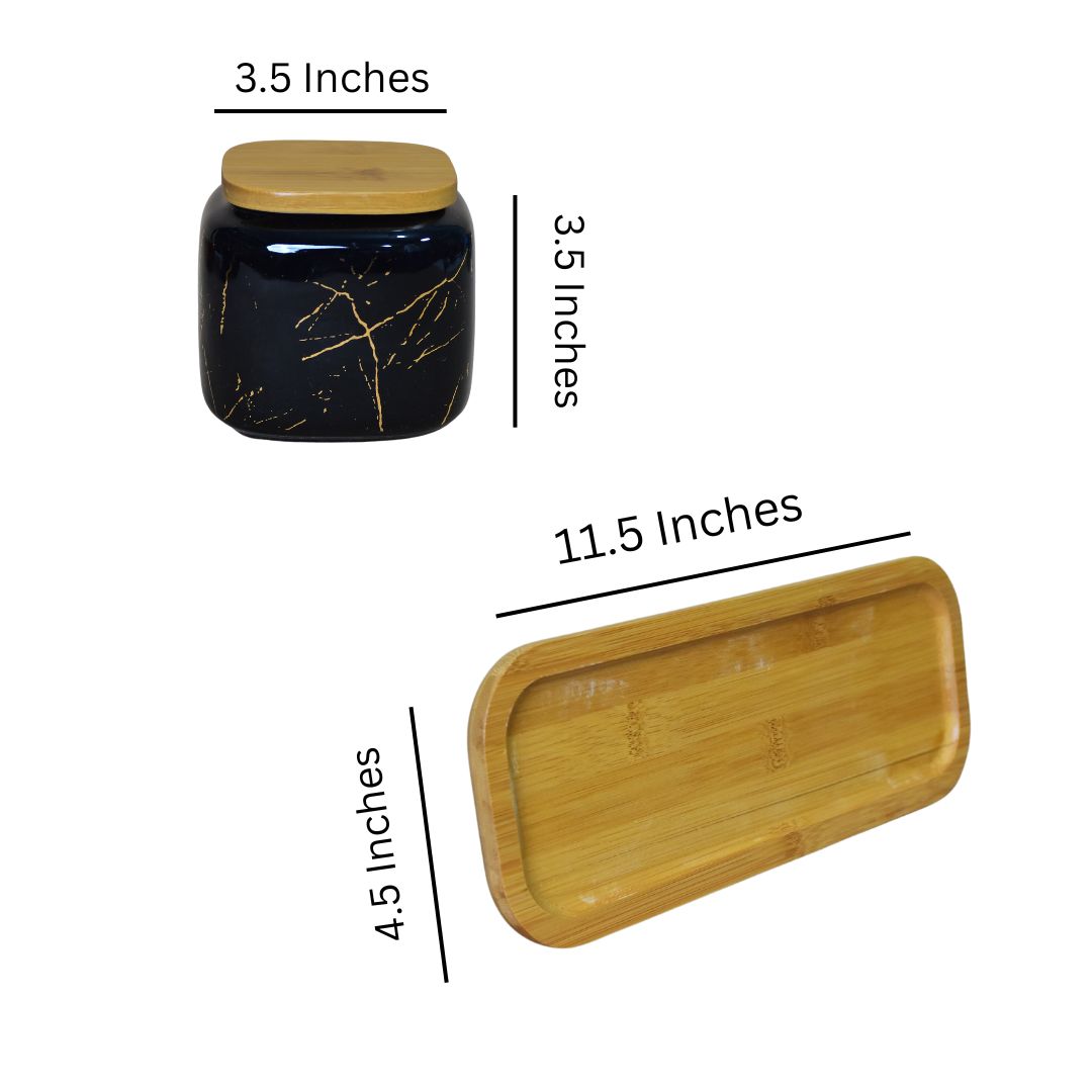 Ceramic Jar With Bamboo Tray Set Of 3 - Black