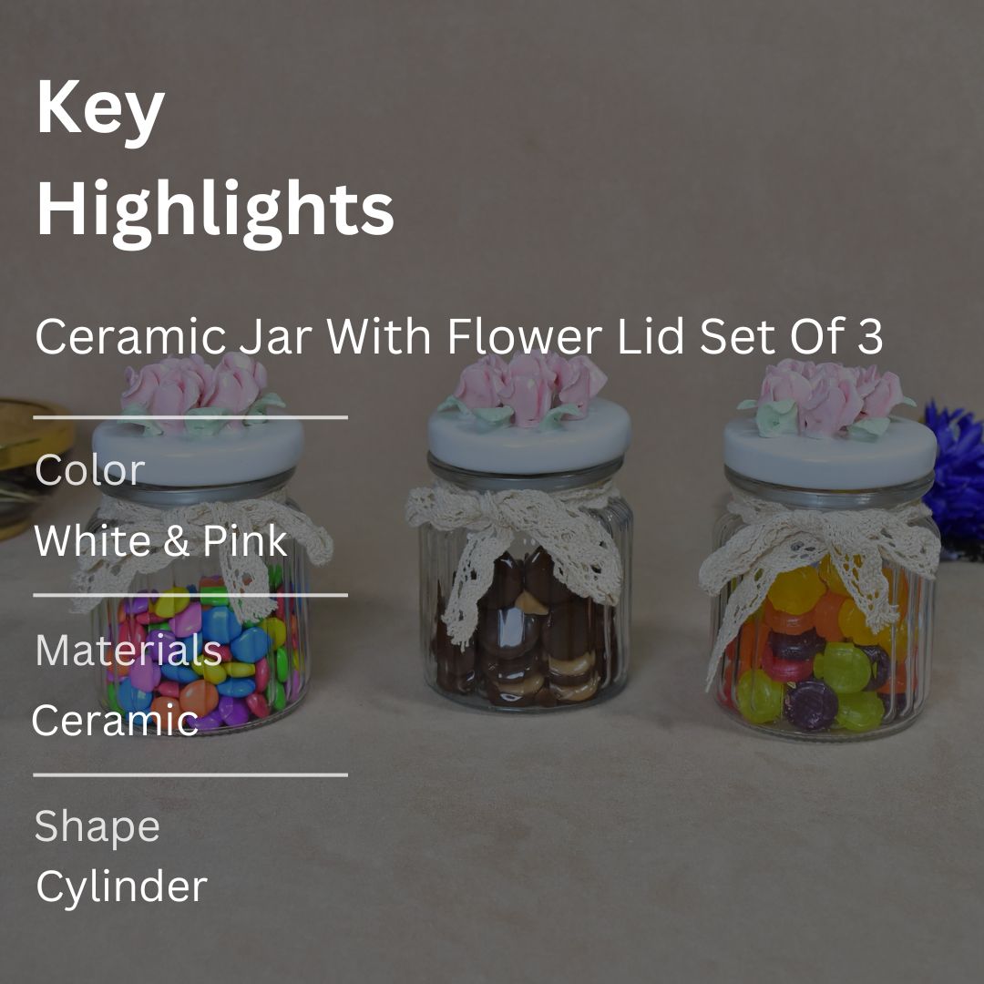 Ceramic Jar With Flower Lid Set Of 3