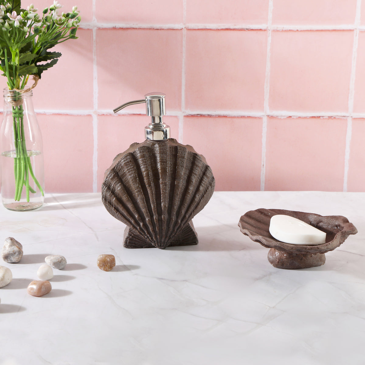 Bathroom Accessories Set - Shell Bathroom Set Of 2 - Brown