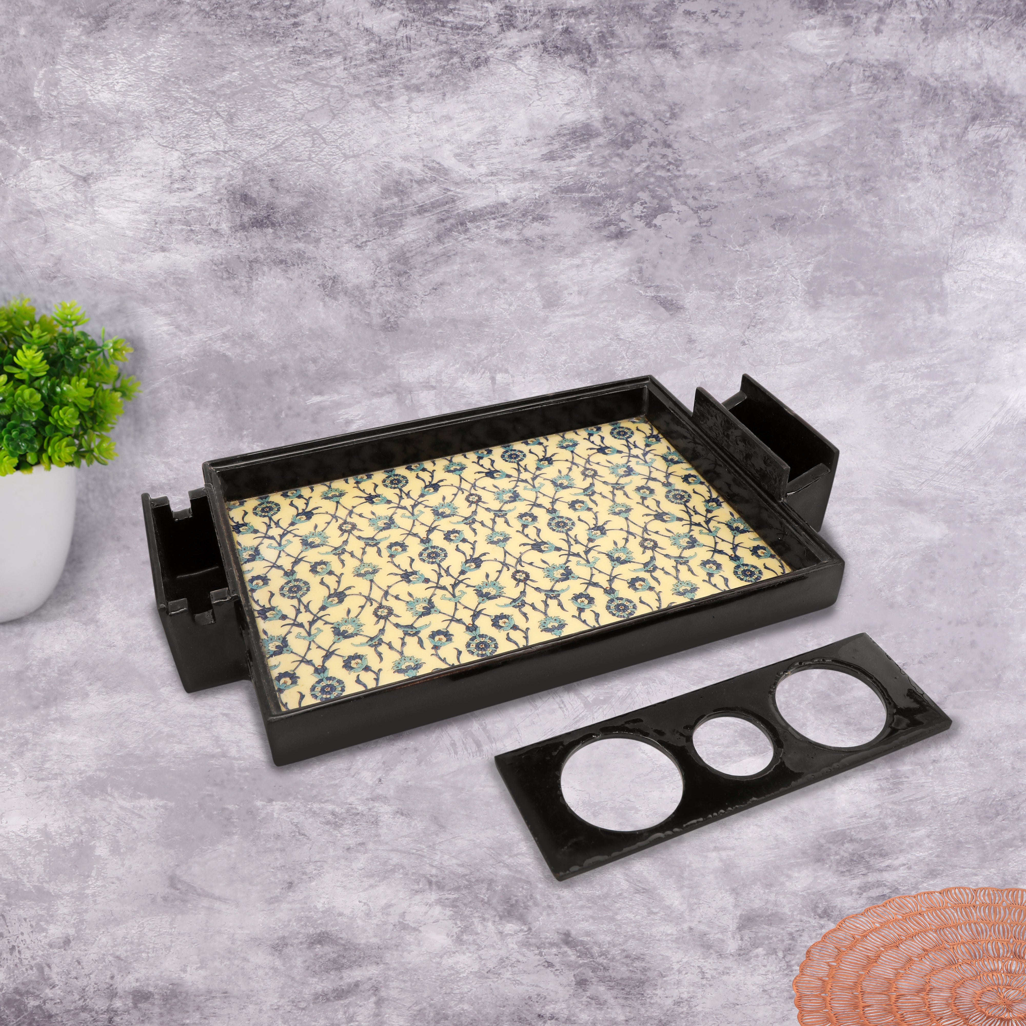 Wooden Indigo Floral Print & Enameled Starter Tray