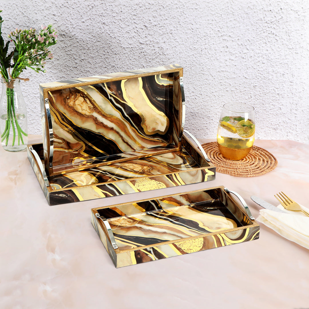 Tray Set Of 3 - Brown Marble