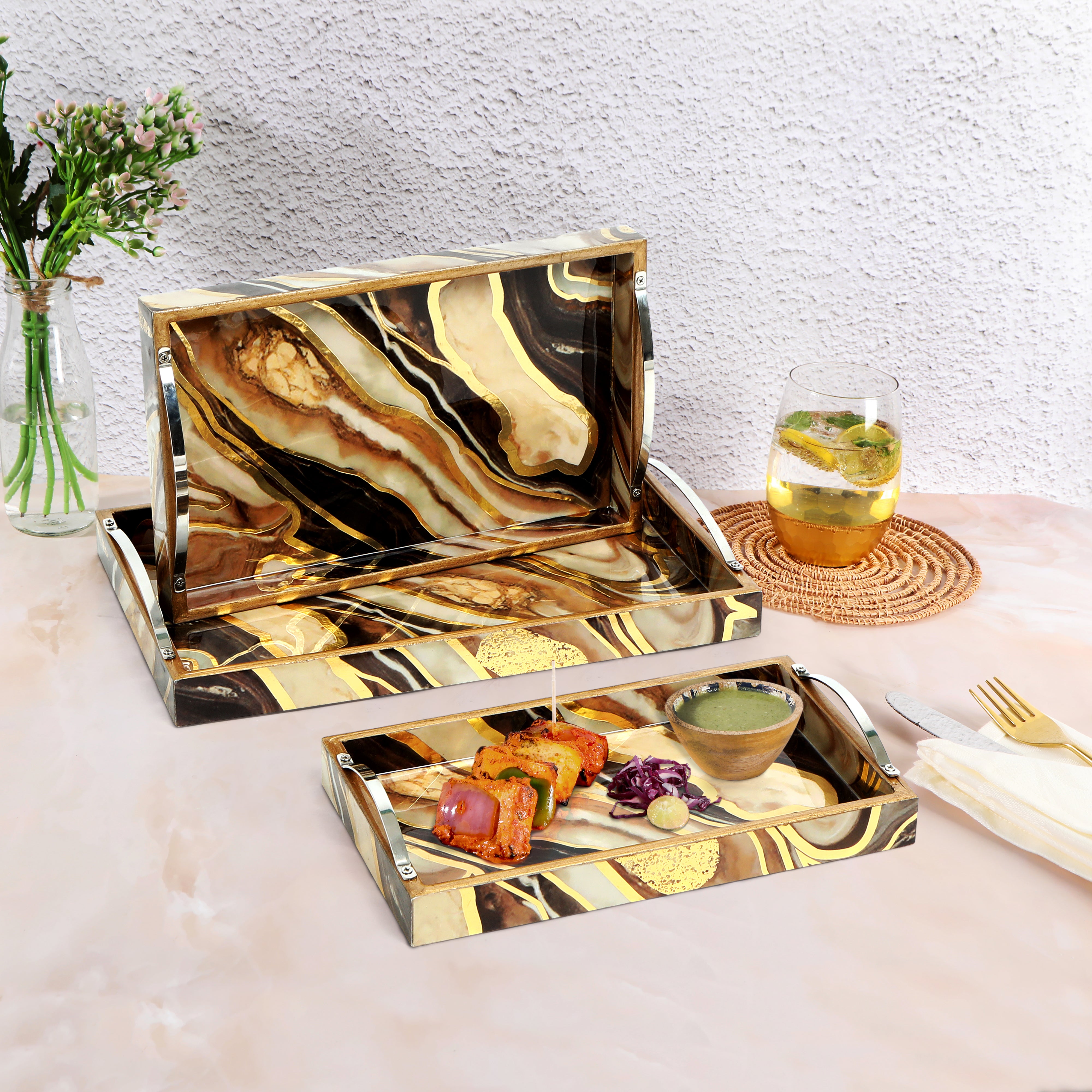 Tray Set Of 3 - Brown Marble