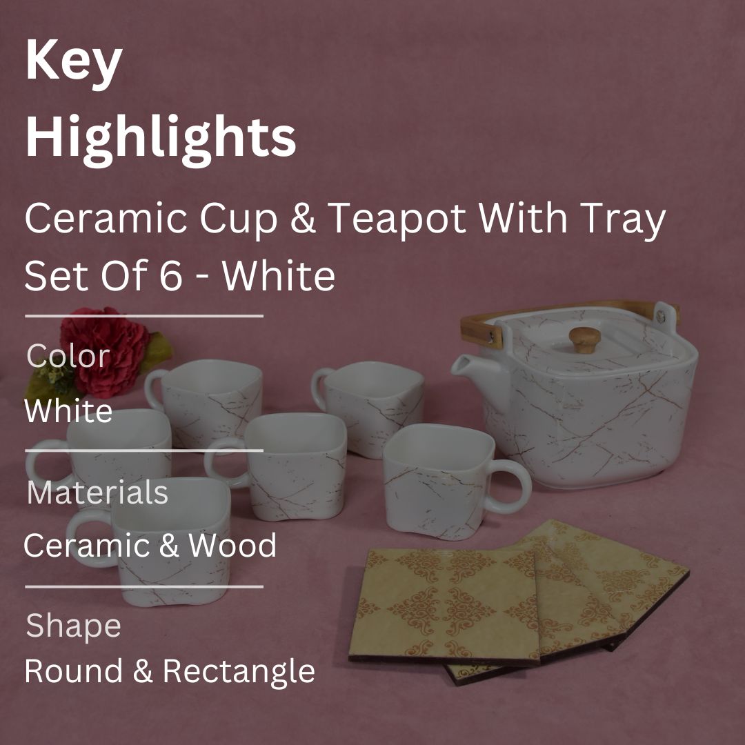 Ceramic Cup & Teapot With Tray Set Of 6 - White