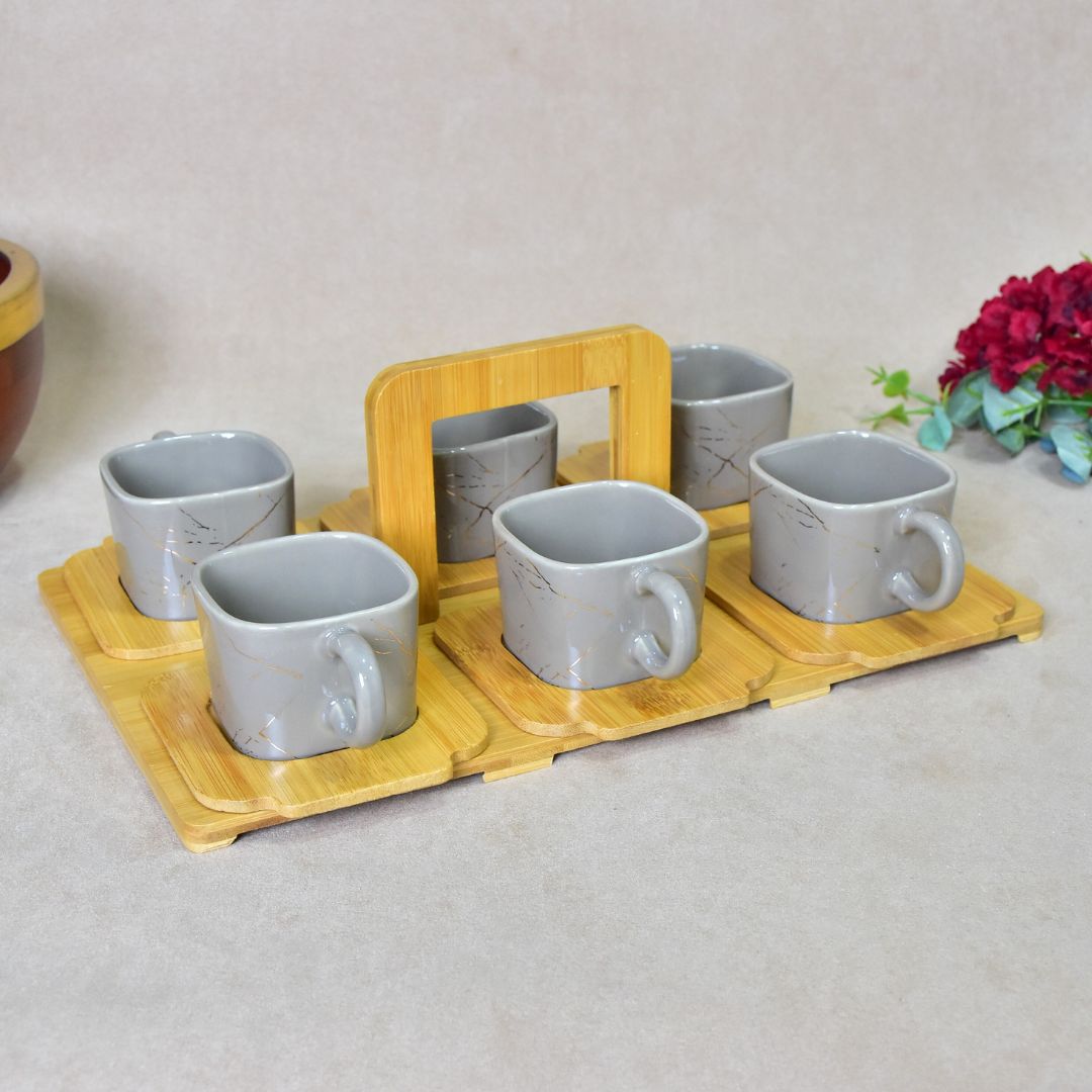 Ceramic Cup With Bamboo Tray Set Of 6 - Grey