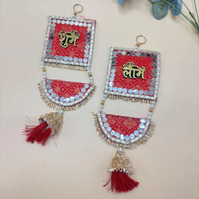 Side Hanging Set Of 2 - Brocade Shubh Labh Red Large