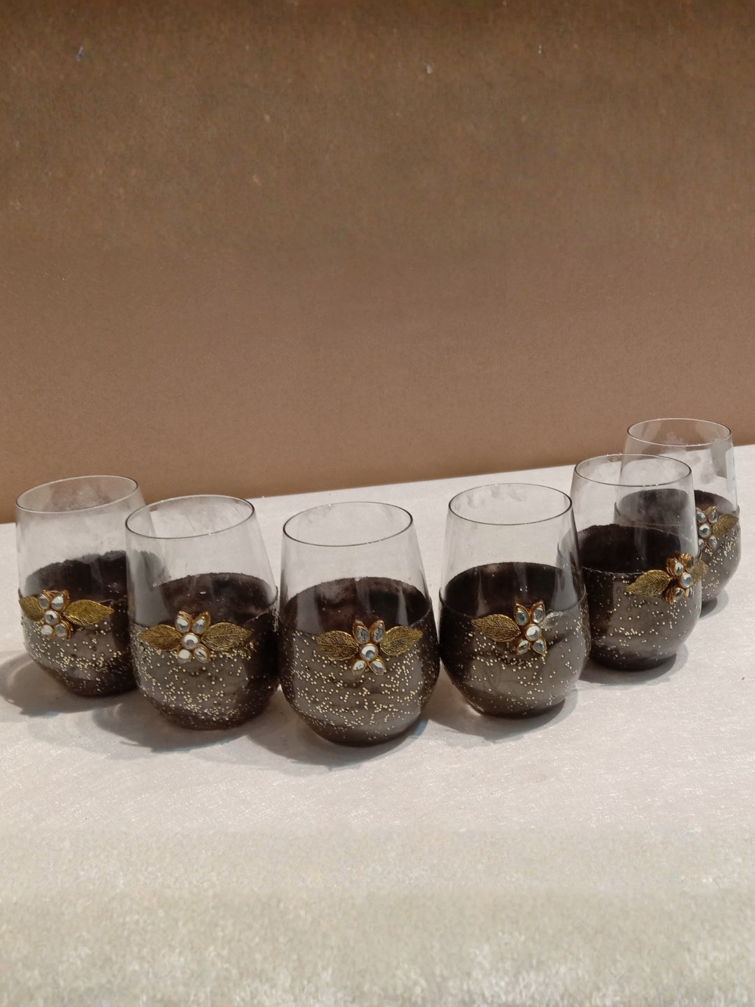 Black Resin Glitter Filigree Glass Set of 6