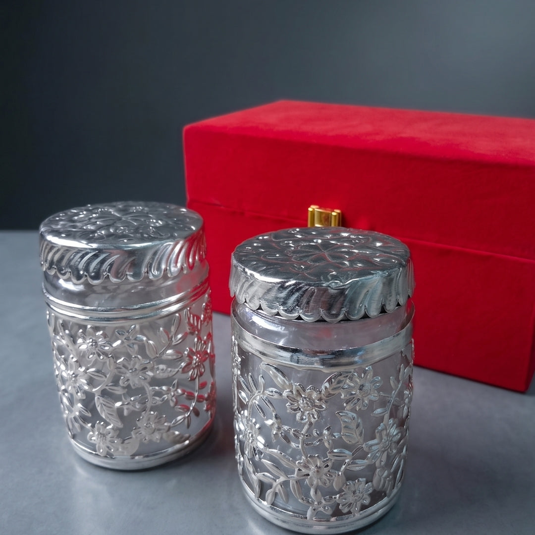 Silver Plated Floral Jars with Red Velvet Gift Box Set of Two