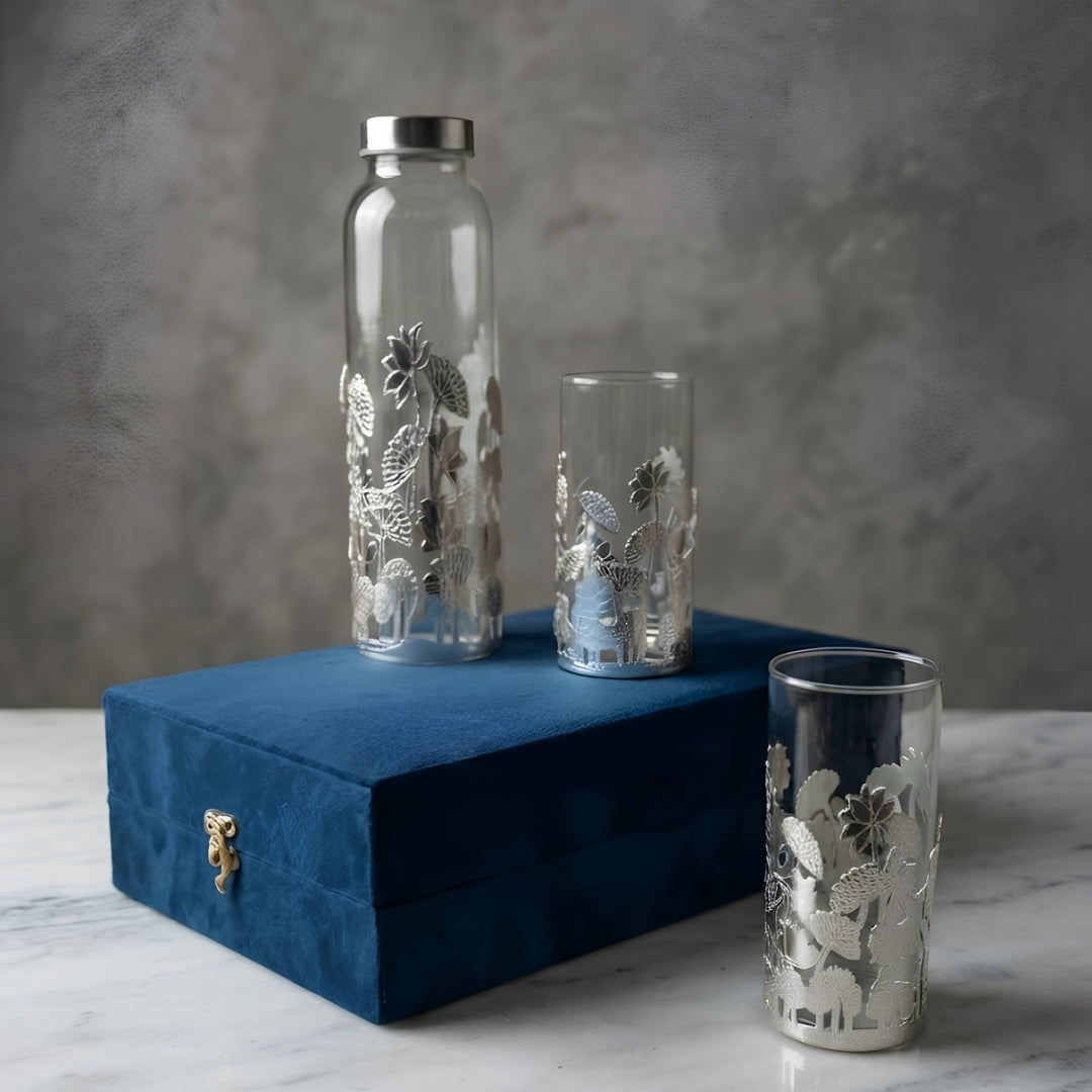 Silver Plated Water Bottle and Glass Set with Velvet Gift Box