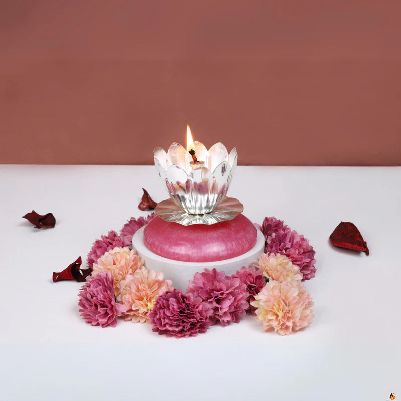 Brass Silver Plated Small Diya With Pink Resin Base