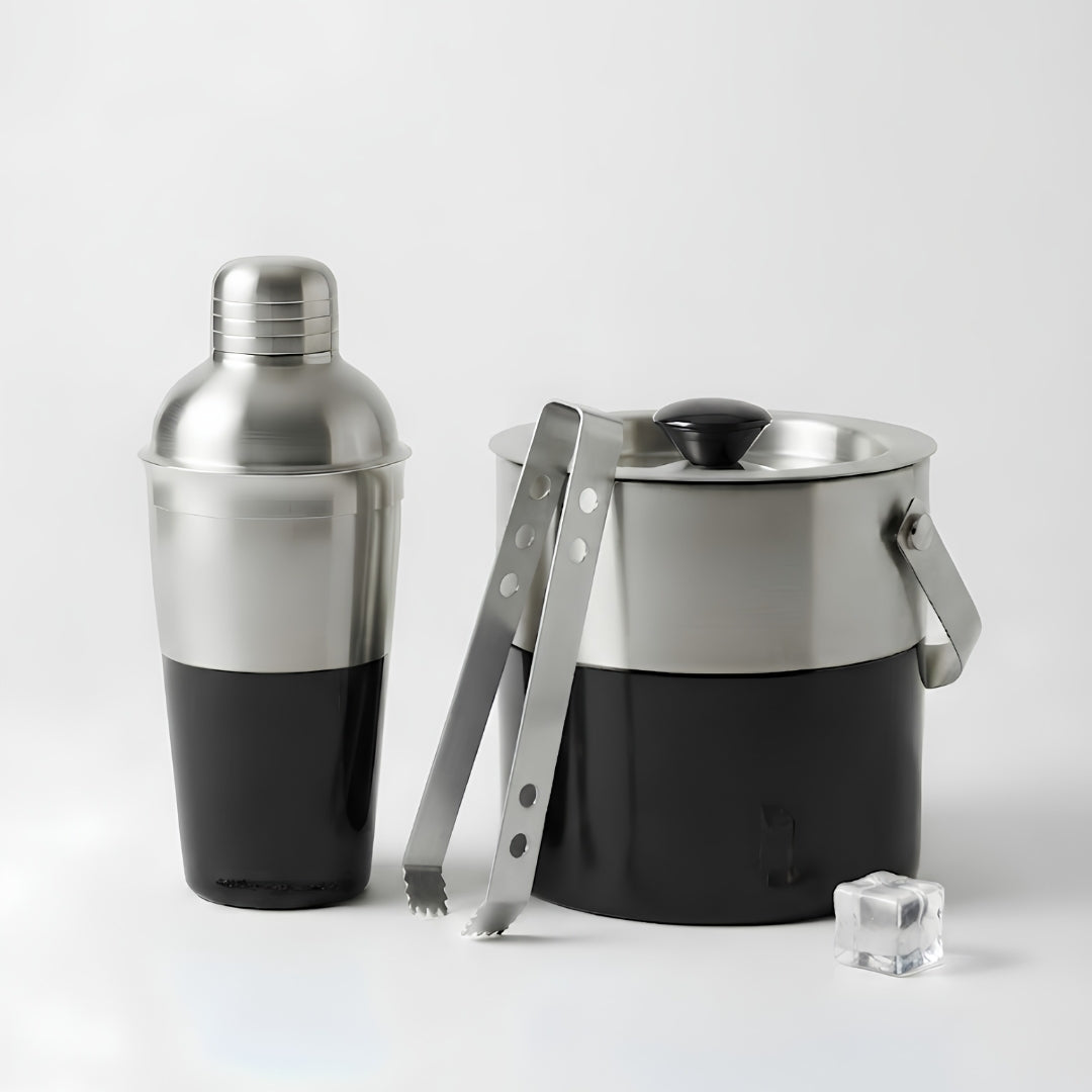 Stainless Steel ice bucket & Shaker with black enamel with tongs -set of 3