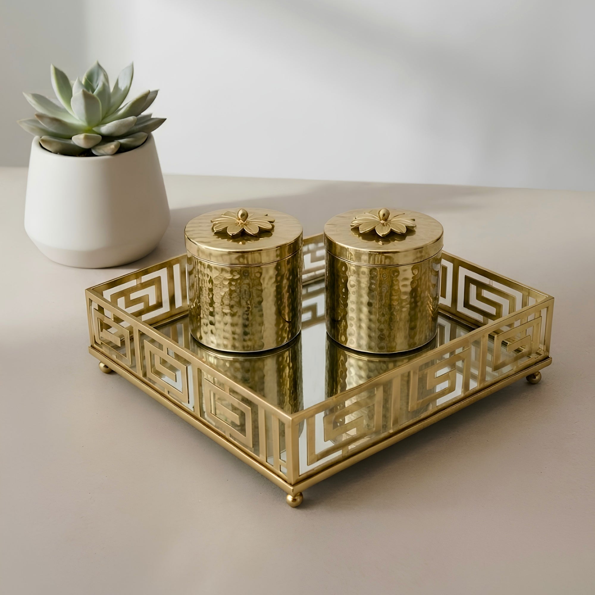 Gold Mirrored Square Tray with Greek Key Pattern