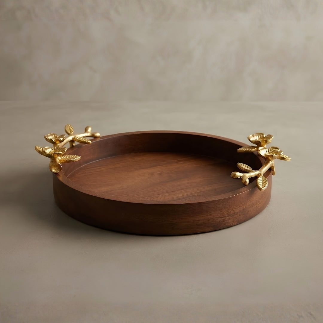 Wooden Large Round Serving Tray with Gold Floral Branch Handles