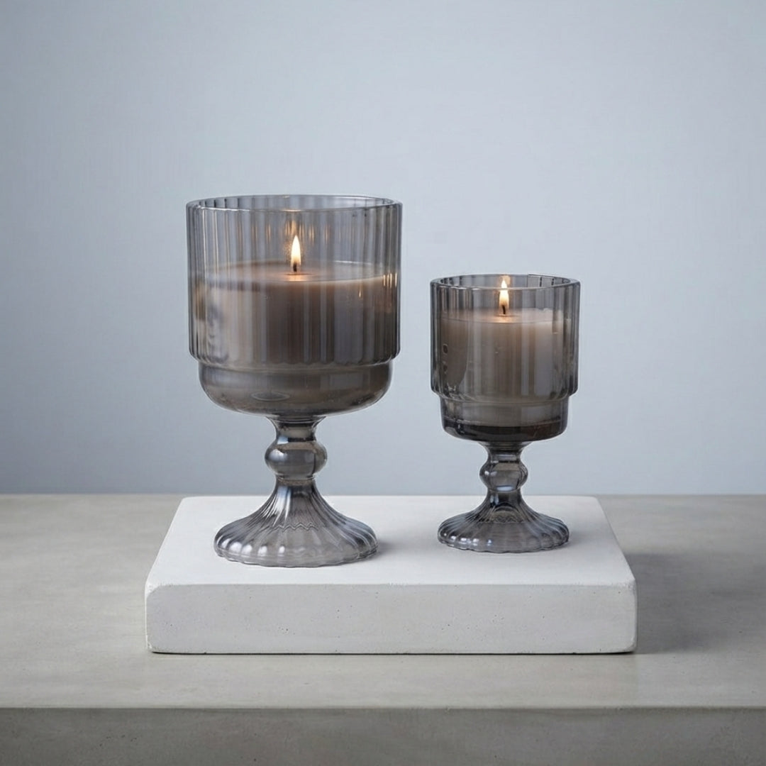 Set of 2 Grey Ribbed Glass Pedestal Scented Candles (Large & Small)