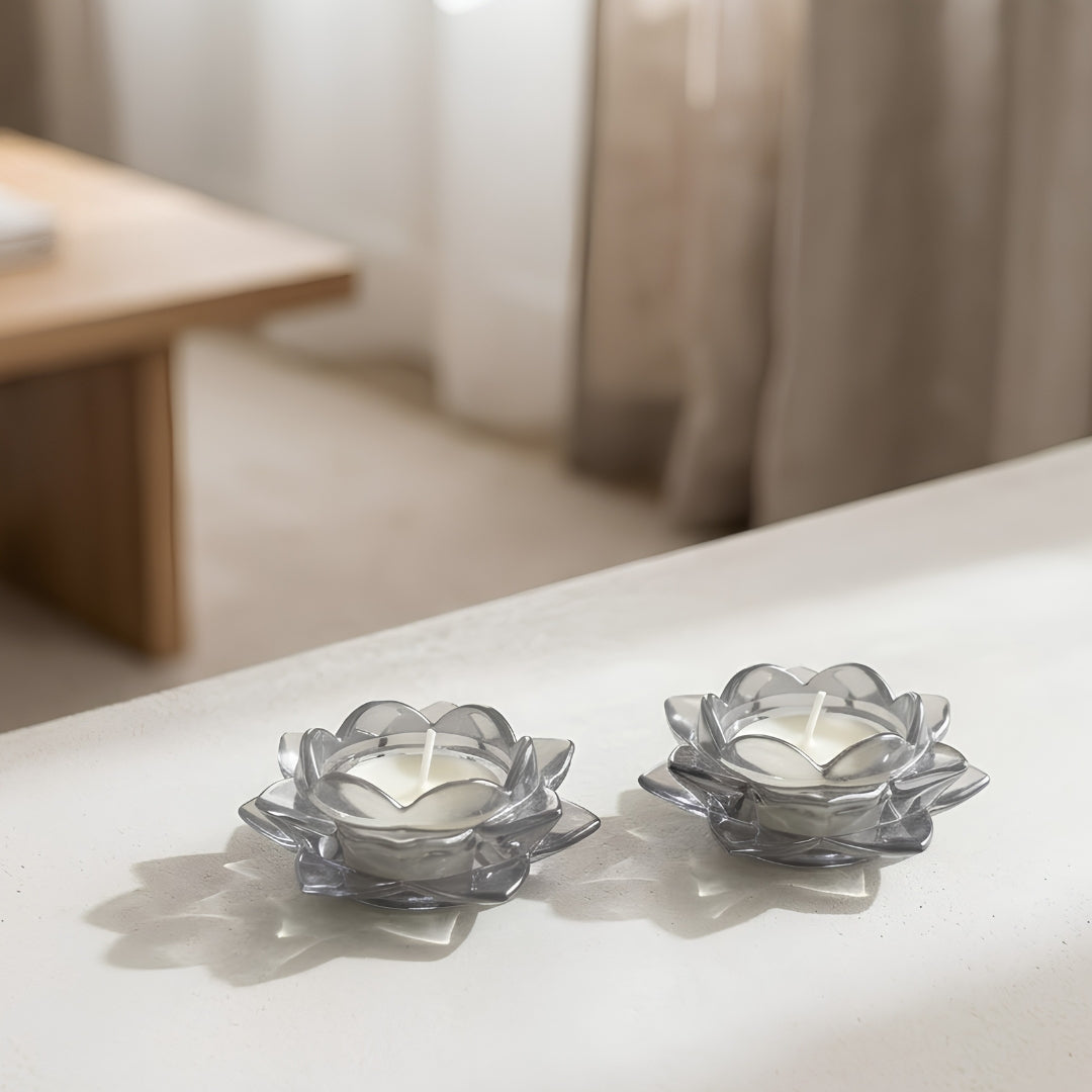 Grey Glass Lotus Candle Holder - Scented Wax Tealight Set (Set of 2)