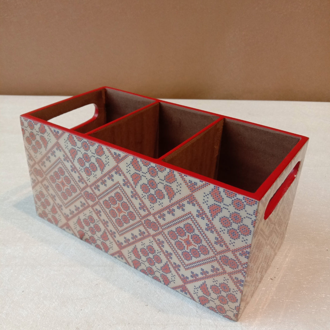 Wooden Blue & red abstract print & enamelled 3 Partition Caddy