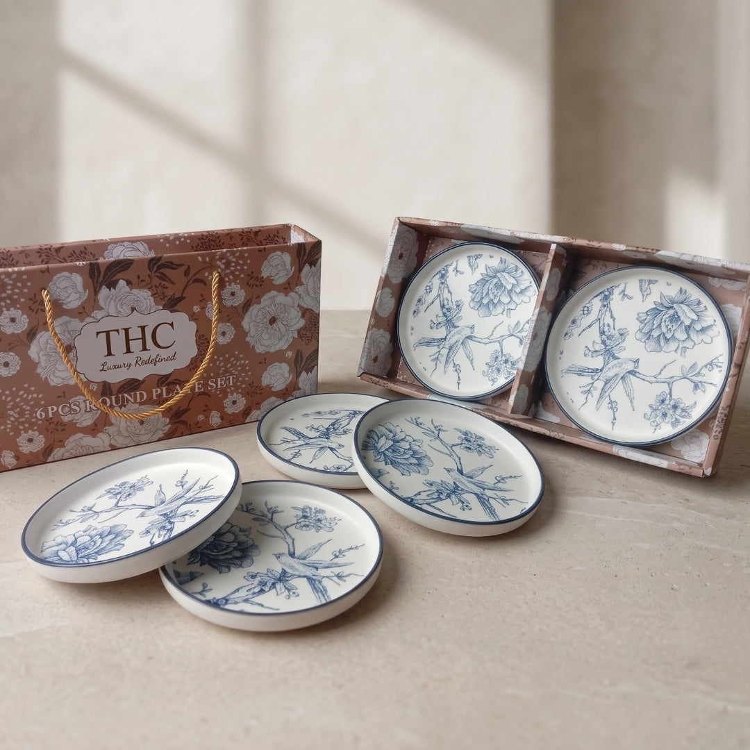 6 Psc Blue & White Floral Ceramic Round Platter Set