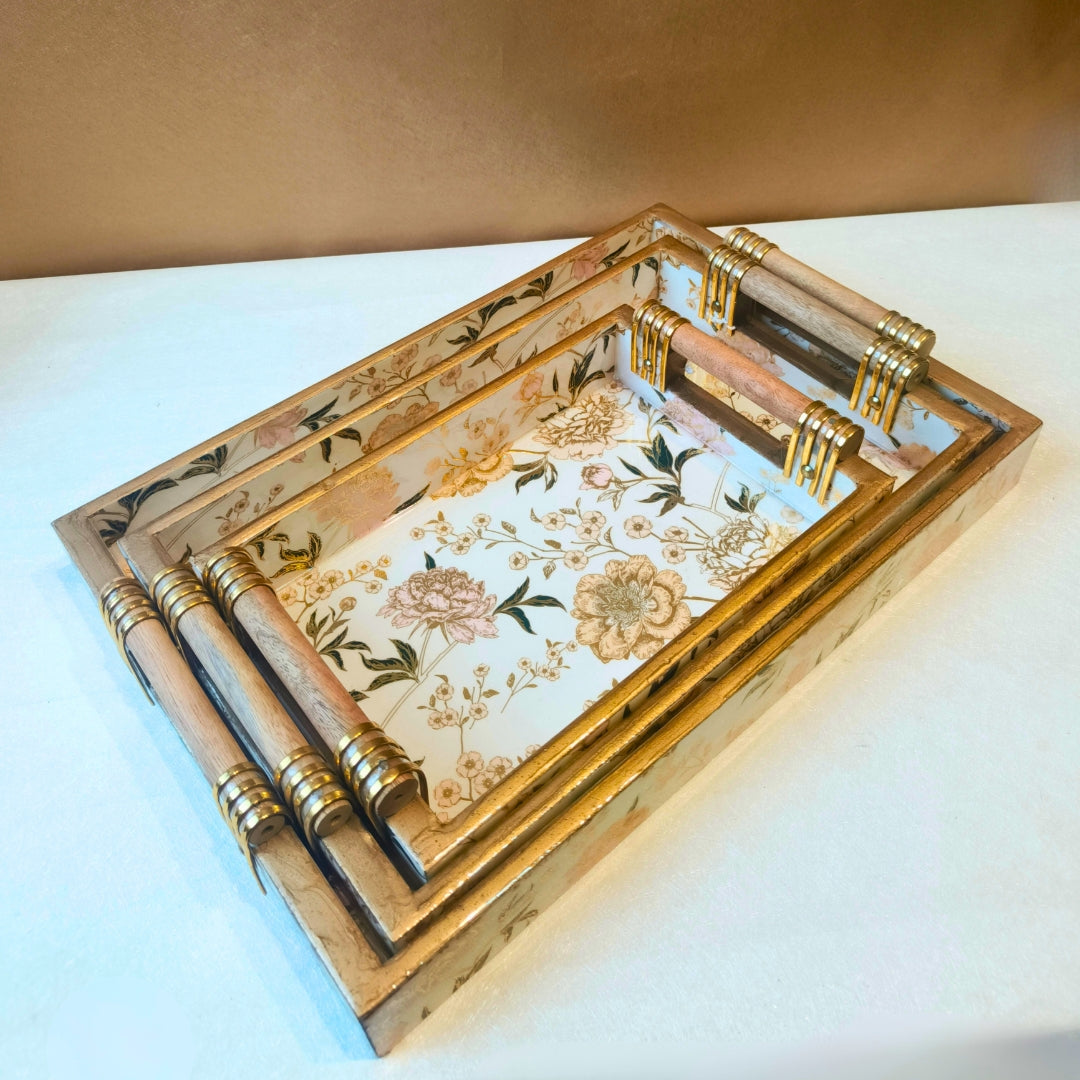 Tray Set Of 3 - White Flower with Wooden Handle
