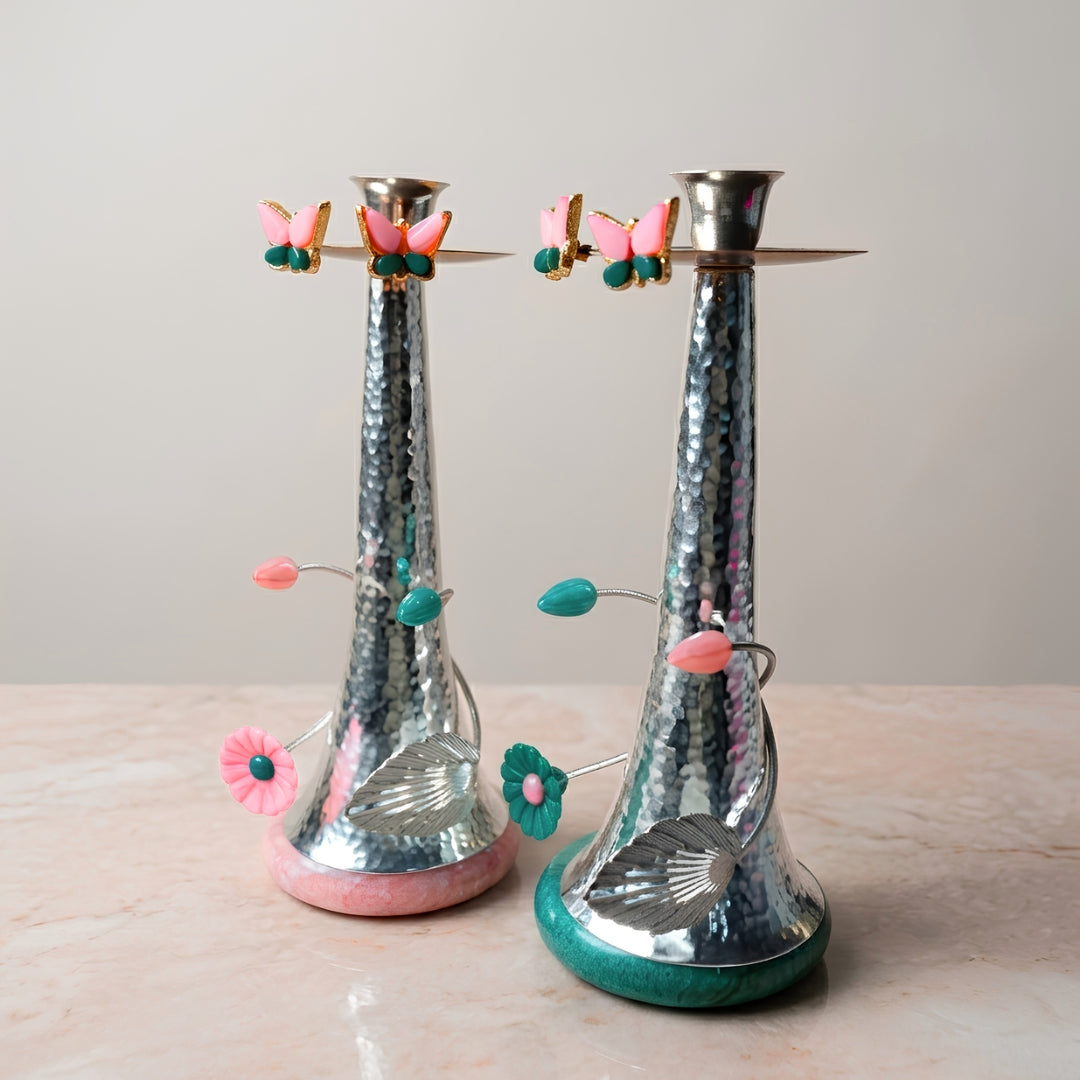 Hammered Silver-Plated Candle Stands with Floral Resin Base (Set of 2)
