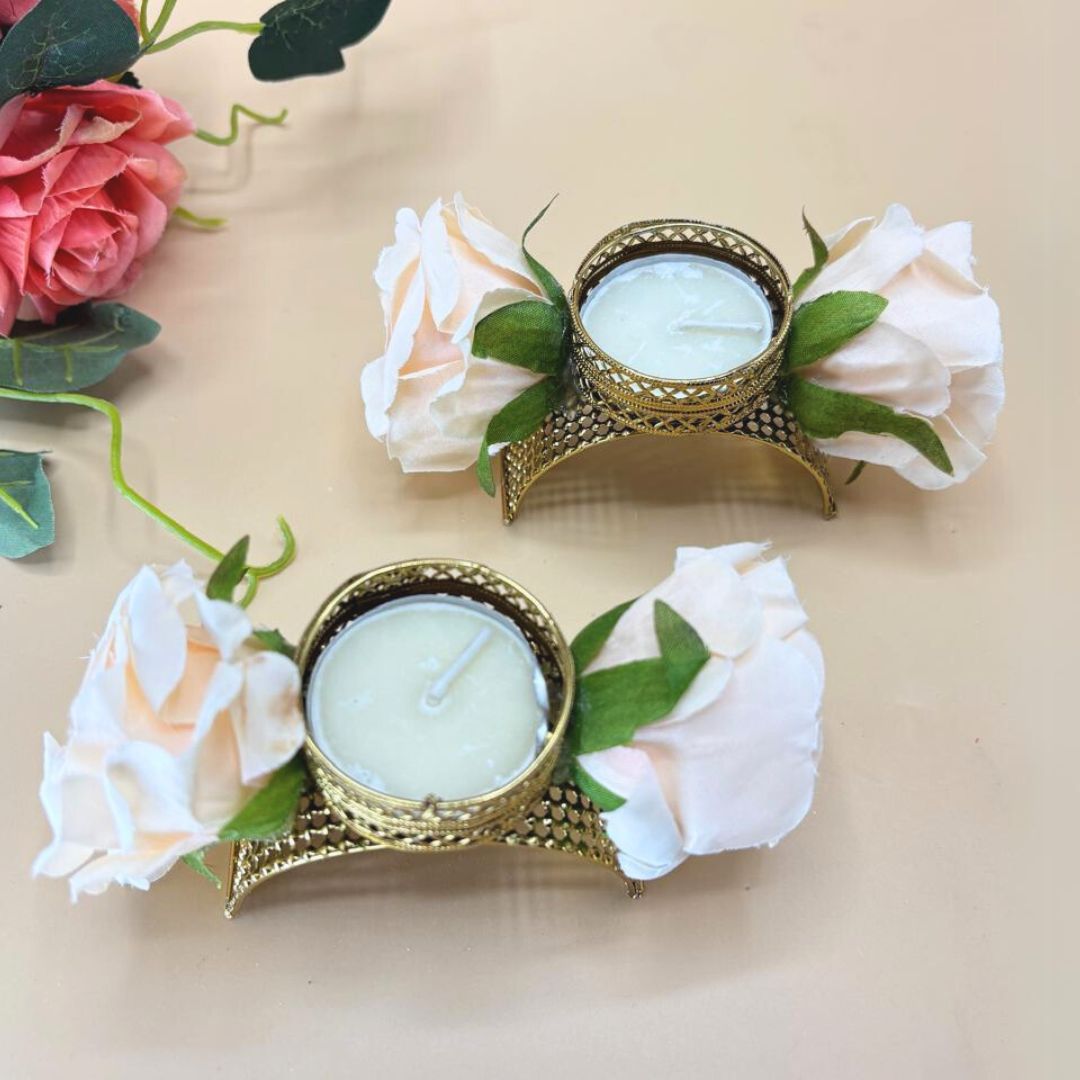 Peach Rose Semi Circle Tea Light Set Of 2