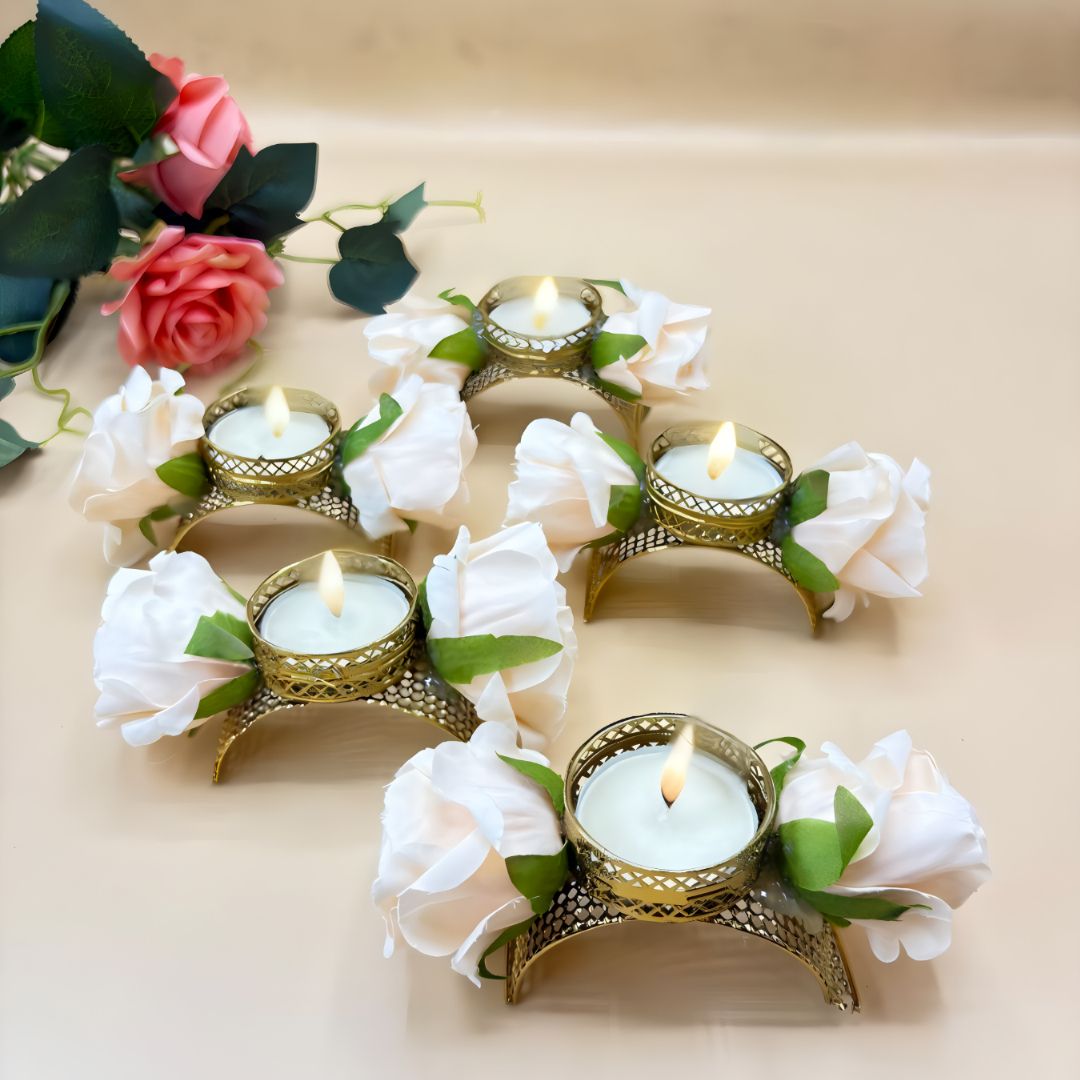 Peach Rose Semi Circle Tea Light Set Of 5