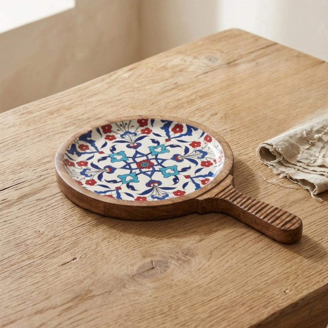 Turkish Print Enamel & Ribbed Wooden Round Serving Platter