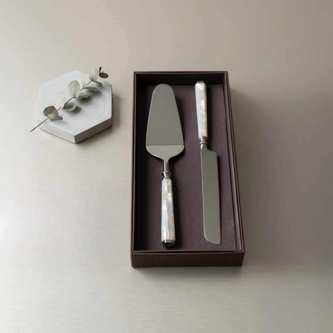2 Pcs Mother of Pearl Cake Cutter & Server Set with Gift Box