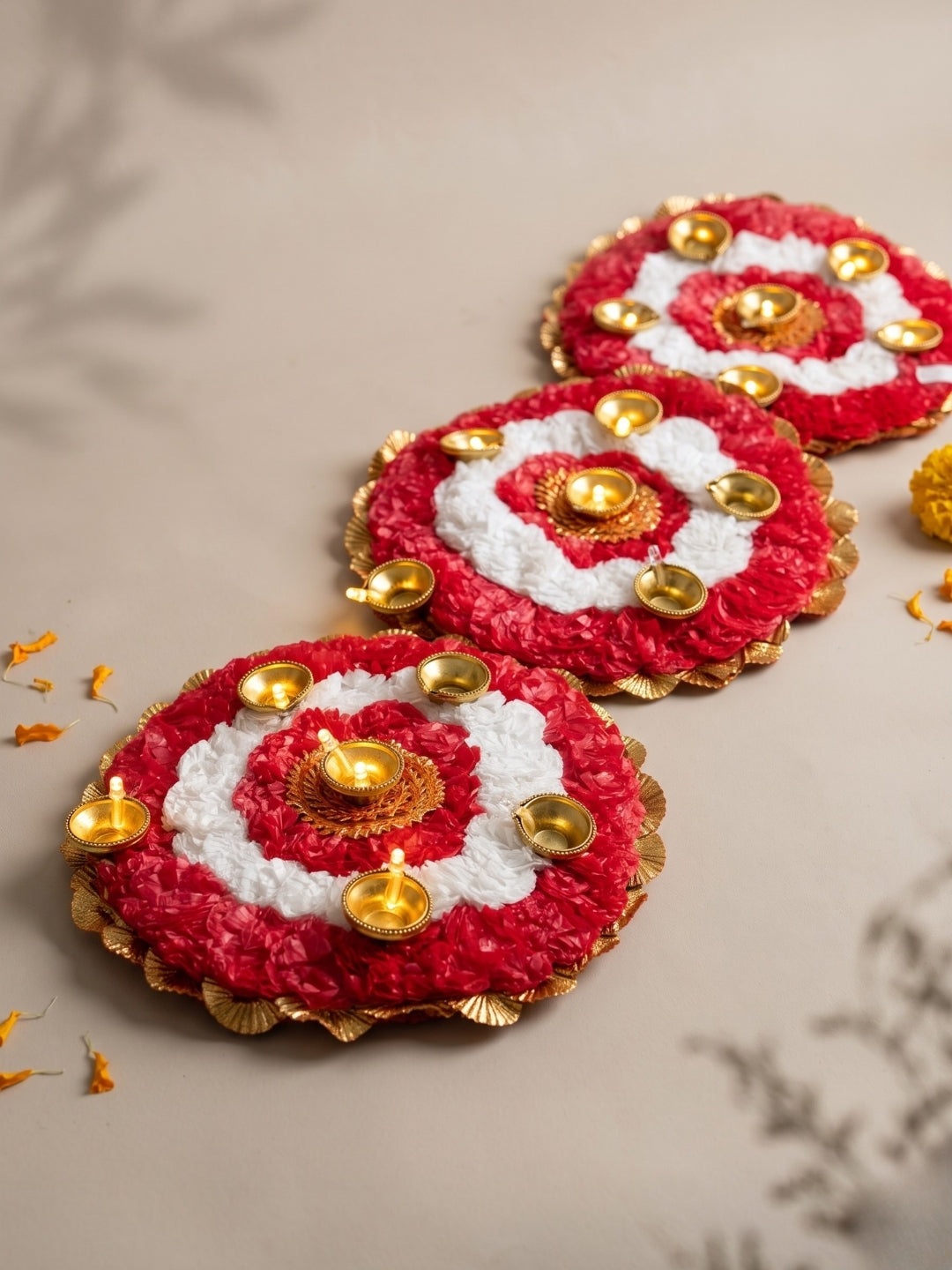 Artifical red & white flowers  rangoli set of 3 with LED diyas - Round
