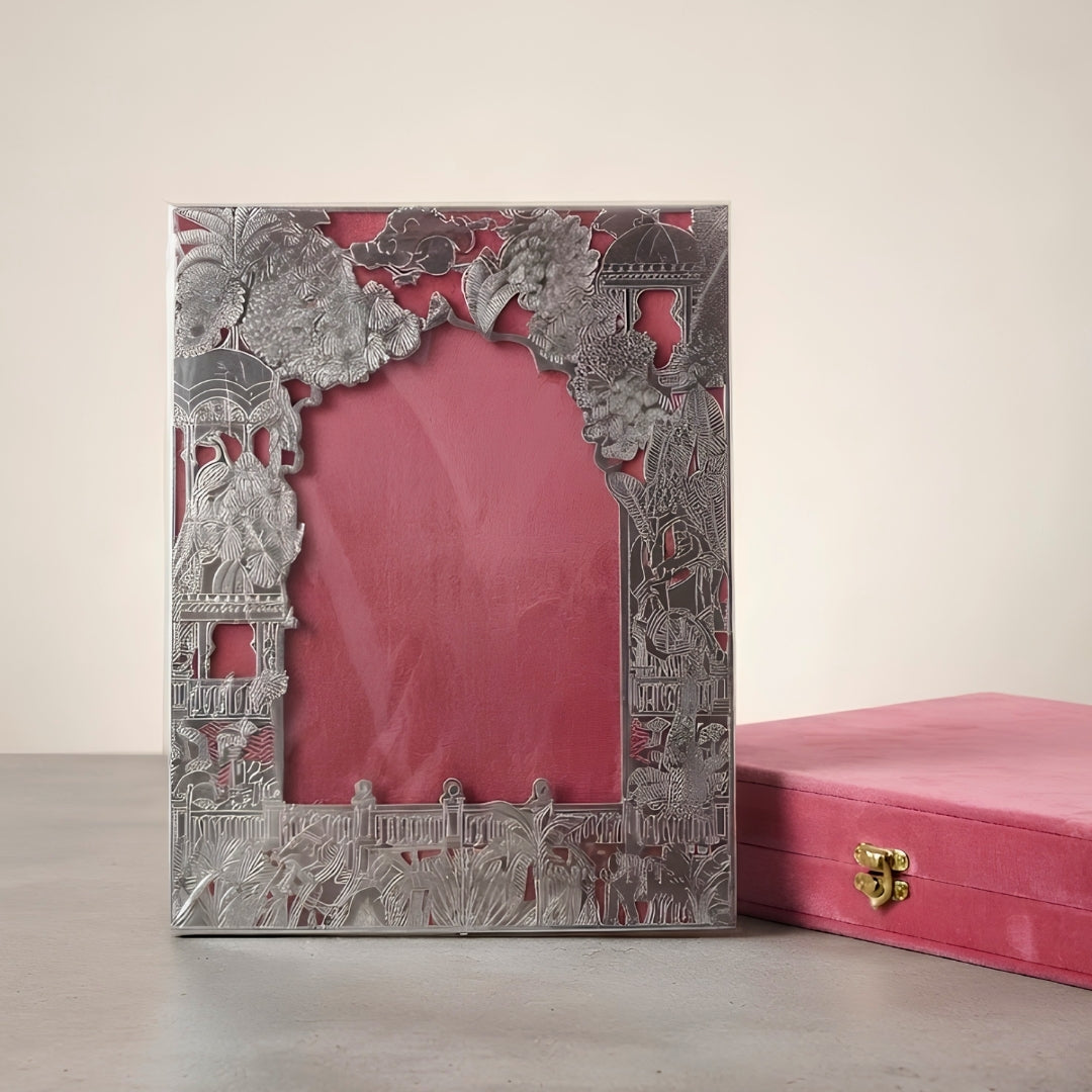 Silver Plated Ornate Designer Photo Frame with Pink Velvet Gift Box