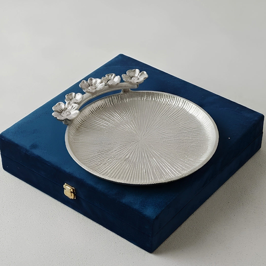 Decorative Silver Floral Platter with Velvet Box