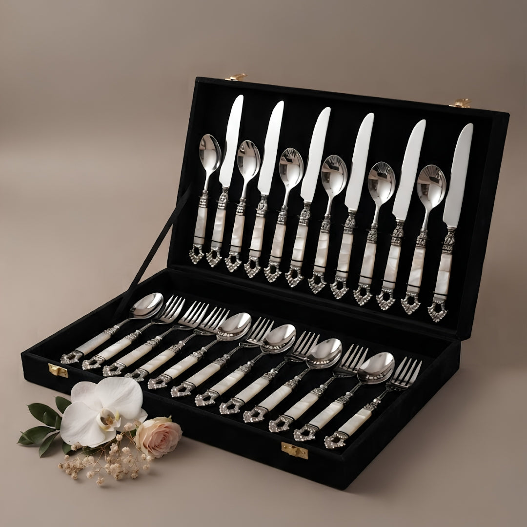24 Pcs Mother of Pearl Stainless Steel Cutlery Set with Velvet Box